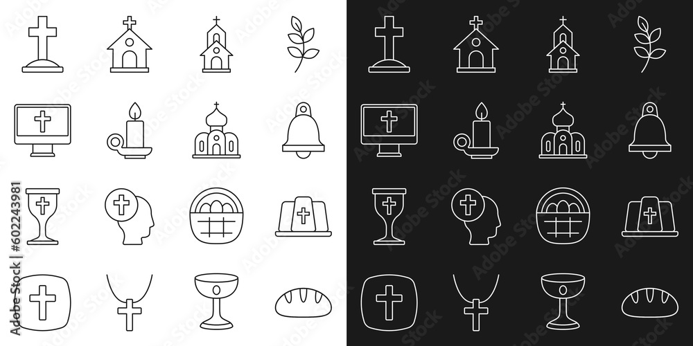 Set line Christian bread, Pope hat, Church bell, building, Burning candle candlestick, cross on monitor, Grave with and icon. Vector Set line Christian bread, Pope hat, Church bell, building, Burning candle candlestick, cross on monitor, Grave with and icon. Vector