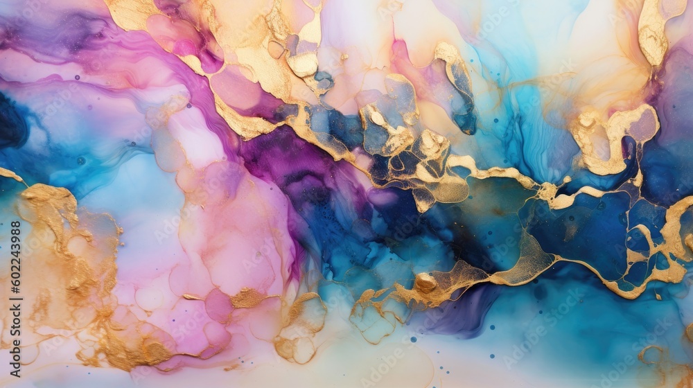 Glamorous alcohol ink background with a mix of metallic gold texture. Liquid pattern. Famous wallpaper, backgrounds, web, banner. Generative AI. 