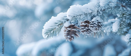 Up of a snow covered pine tree branch with intricate detail. Unique background. Breathtaking illustration. Christmas card. New Year exclusive design. Generative AI. 