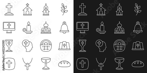 Set line Christian bread, Pope hat, Church bell, building, Burning candle candlestick, cross on monitor, Grave with and icon. Vector