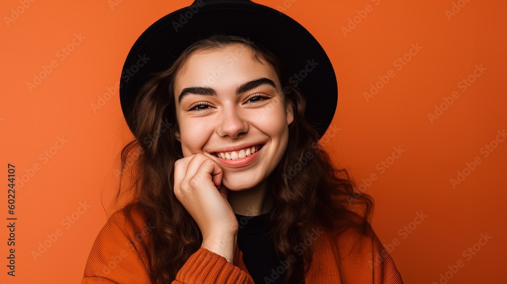 Portrait of a beautiful young girl on an orange background.Generative Ai