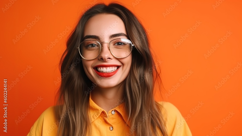 Portrait of a beautiful young girl on an orange background.Generative Ai