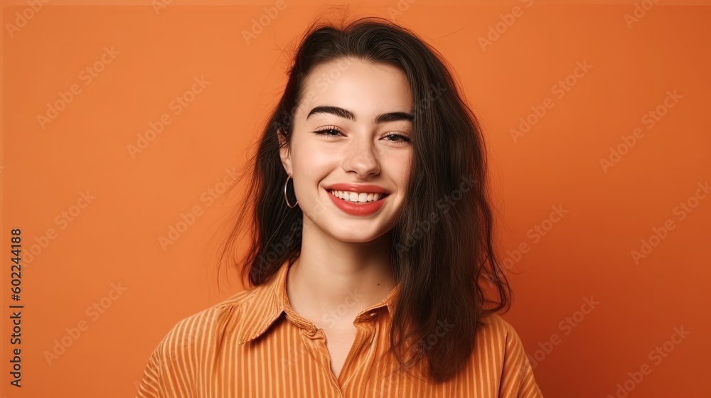 Portrait of a beautiful young girl on an orange background.Generative Ai Portrait of a beautiful young girl on an orange background.Generative Ai
