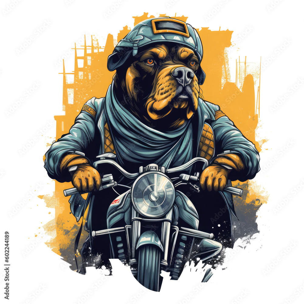An edgy t-shirt design featuring a Rottweiler Dog on a motorcycle, with ...