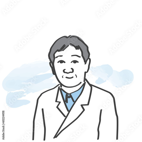 人物イラスト素材：医療現場で働く白衣を着た医師、医療従事者（男性正面/上半身）　リアル手描きペンタッチ
