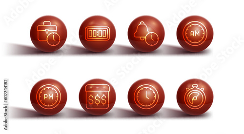 Set line Work time, Day, Morning, Clock, Payday, calendar with dollar, Digital alarm clock, Stopwatch and Alarm icon. Vector