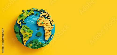 Eco friendly Earth in papercut style yellow background, Earth day and World Environment day. Generative Ai