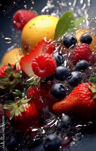 Fresh fruits in transparent water splashes  front view.