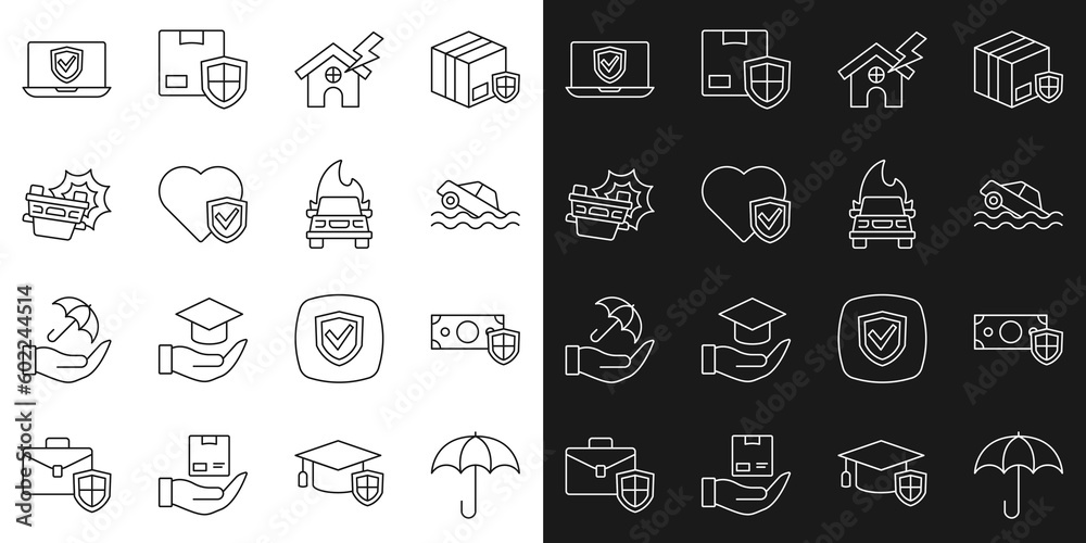 Set line Umbrella, Money with shield, Flood car, House and lightning, Life insurance, Car accident, Insurance online and Burning icon. Vector