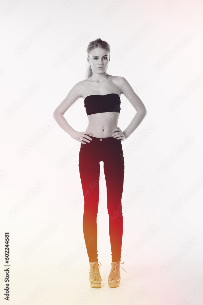 Fashion, beauty and monochrome with portrait of woman in studio for creative, black and white. Trendy, glamour and edgy with female model isolated on white background for casual, elegant and style Fashion, beauty and monochrome with portrait of woman in studio for creative, black and white. Trendy, glamour and edgy with female model isolated on white background for casual, elegant and style