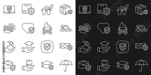 Set line Umbrella, Money with shield, Flood car, House and lightning, Life insurance, Car accident, Insurance online and Burning icon. Vector