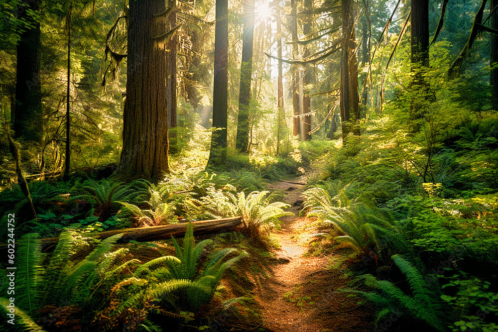 Obraz premium Hiking through a dense forest with towering trees.(created by ai)