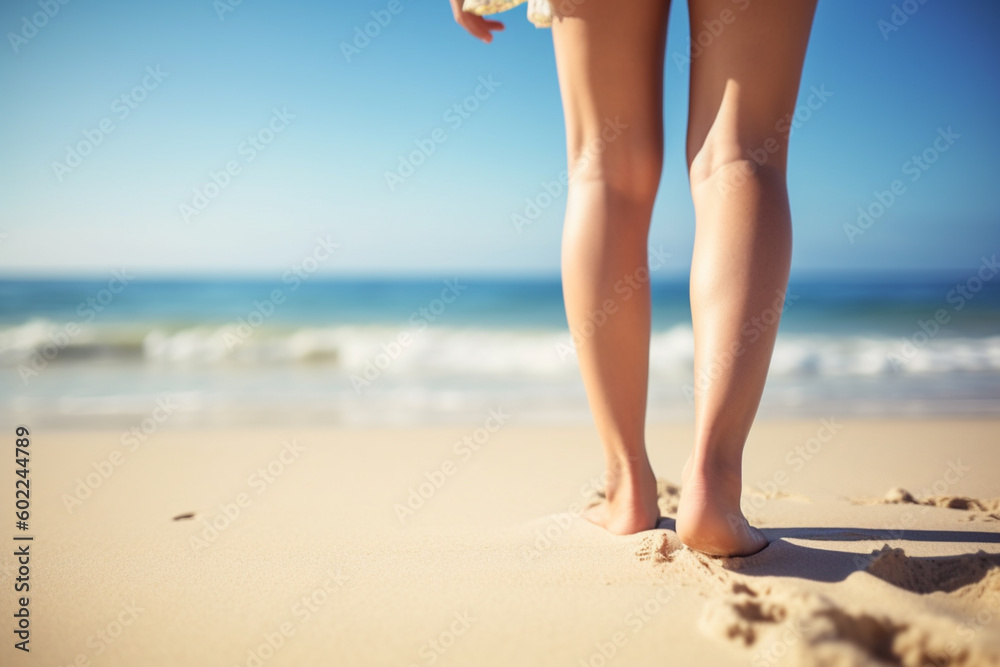 Girl's legs on the beach. Created with generative Ai technology. Girl's legs on the beach. Created with generative Ai technology.