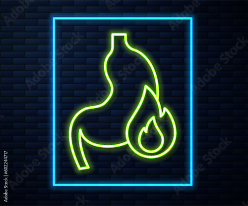 Glowing neon line Stomach heartburn icon isolated on brick wall background. Stomach burn. Gastritis and acid reflux, indigestion and stomach pain problems. Vector