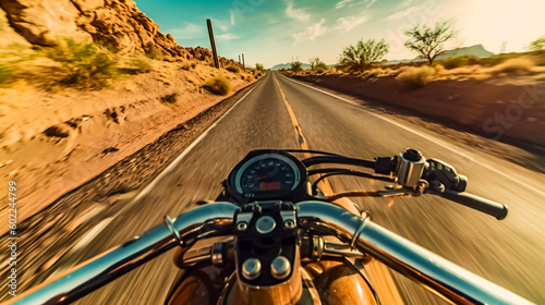 Driving a motorcycle through a barren desert on a warm day. Point of view. Concept of travel, freedom and adventure. Shallow field of view, motion blur. Illustrative Generative AI.