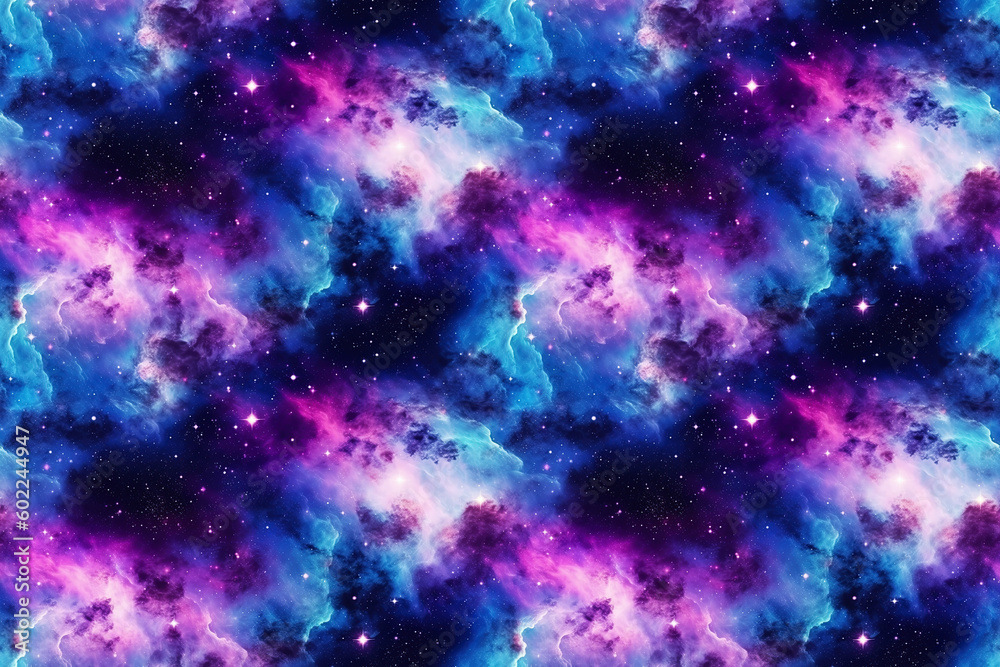 Dark blue seamless pattern of a starry galaxy with clouds. Generative AI illustration