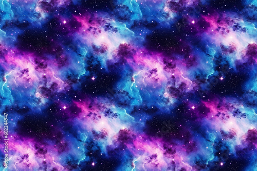 Dark blue seamless pattern of a starry galaxy with clouds. Generative AI illustration