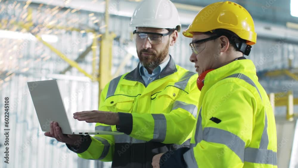 Two employees at construction site. Engineer is holding laptop and explain tasks to contractor. Building workers create plan. Two men at backgrounf of equipment and welding sparks flying. Two employees at construction site. Engineer is holding laptop and explain tasks to contractor. Building workers create plan. Two men at backgrounf of equipment and welding sparks flying.