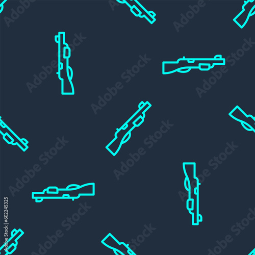Green line Hunting gun icon isolated seamless pattern on blue background. Hunting shotgun. Vector
