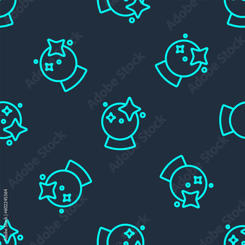 Green line Magic ball icon isolated seamless pattern on blue background. Crystal ball. Vector