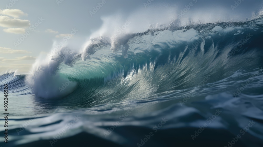 A Massive and Serene Wave with Foamy Bubbles in the Ocean. Generative AI