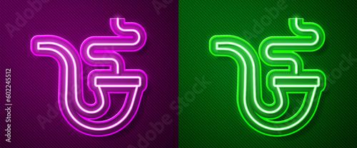 Glowing neon line Smoking pipe with smoke icon isolated on purple and green background. Tobacco pipe. Vector