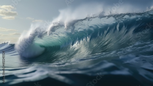 A Massive and Serene Wave with Foamy Bubbles in the Ocean. Generative AI