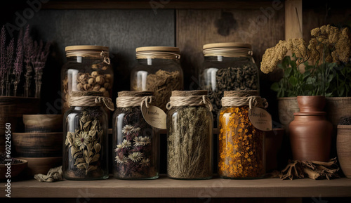 Glass jars of dry lavender, calendula etc flowers. Jars of dry medicinal herbs for making herbal tea, bunch of dry lavender on table. Alternative medicine. Generative AI