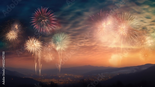 Glorious Full-Screen Colorful Fireworks Illuminate the Night Sky in Darkness. Generative AI