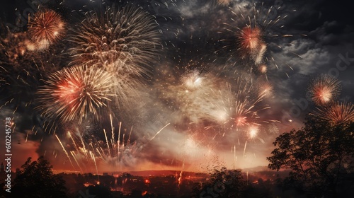 Glorious Full-Screen Colorful Fireworks Illuminate the Night Sky in Darkness. Generative AI © KikkyCNX