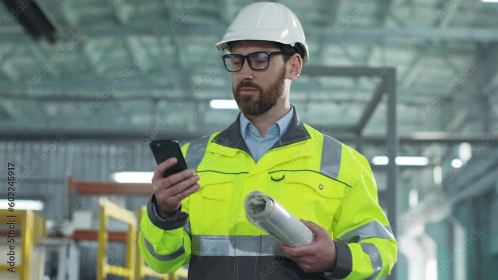 Bearded architect inspect ndustrial site. Male holds blueprint and look at phonescreen. Industrial man in reflective vest and hard hat at construction site. Worker at background of work process. Bearded architect inspect ndustrial site. Male holds blueprint and look at phonescreen. Industrial man in reflective vest and hard hat at construction site. Worker at background of work process.