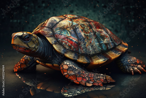 Image of beautiful brightly colored sea tortoises. Wildlife Animals. Illustration, Generative AI. © yod67