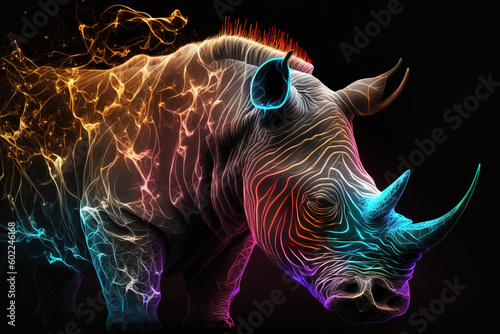 Image of rhinoceros with beautiful colors and light on a dark background. Wildlife Animals. Illustration, Generative AI.