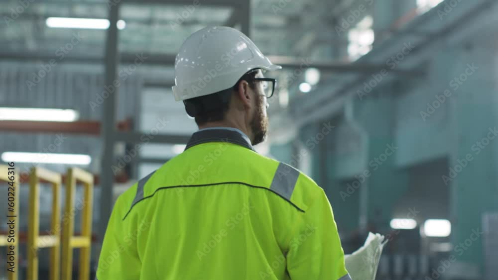 Architect shooted from back inspect industrial site. Male holds blueprint. Industrial man in reflective vest and hard hat at construction site. Worker at background of work process. Architect shooted from back inspect industrial site. Male holds blueprint. Industrial man in reflective vest and hard hat at construction site. Worker at background of work process.