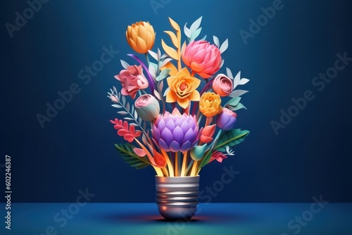 Eco friendly lightbulb with flowers blue background, Renewable and sustainable energy. Generative AI
