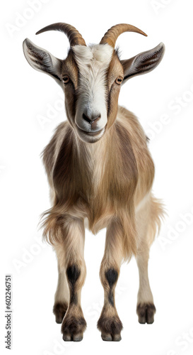 The brown, horned goat stands calmly and looks straight ahead. Isolated on a transparent background. KI.