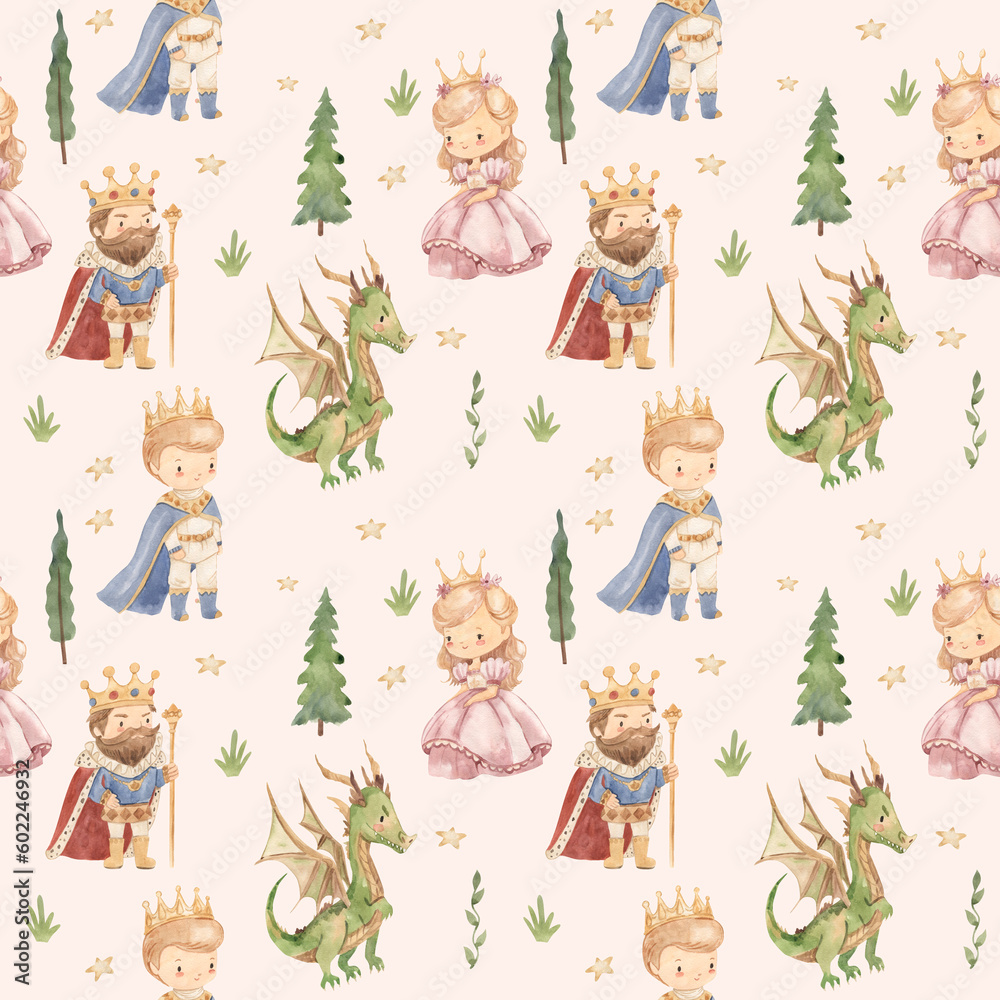 Fototapeta premium watercolor fairytale seamless pattern illustration for kids