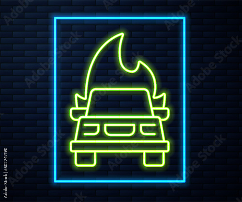 Leinwand Poster Glowing neon line Burning car icon isolated on brick wall background