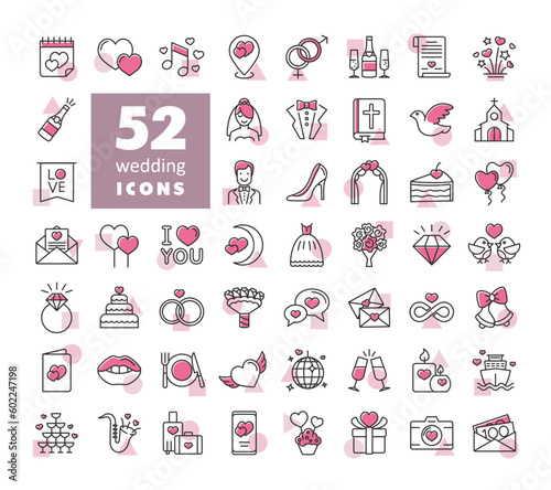 Wedding, marriage, bridal isolated vector icon set