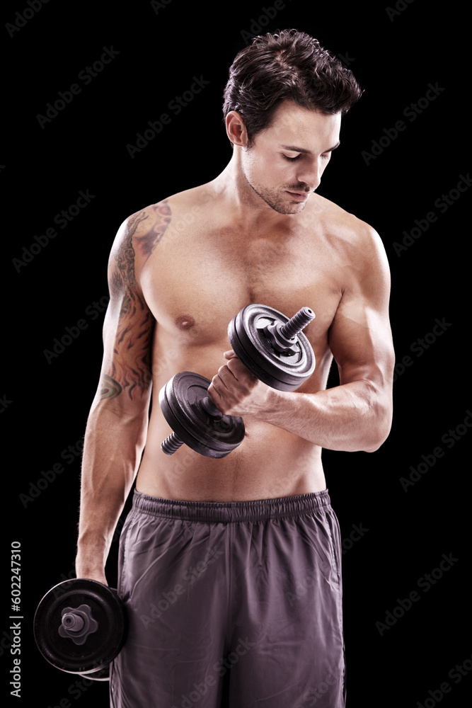 Fitness, man and dumbbell training on black background, dark studio and gym workout. Topless bodybuilder, sexy sports athlete and weights for muscle exercise, strong performance or power in challenge