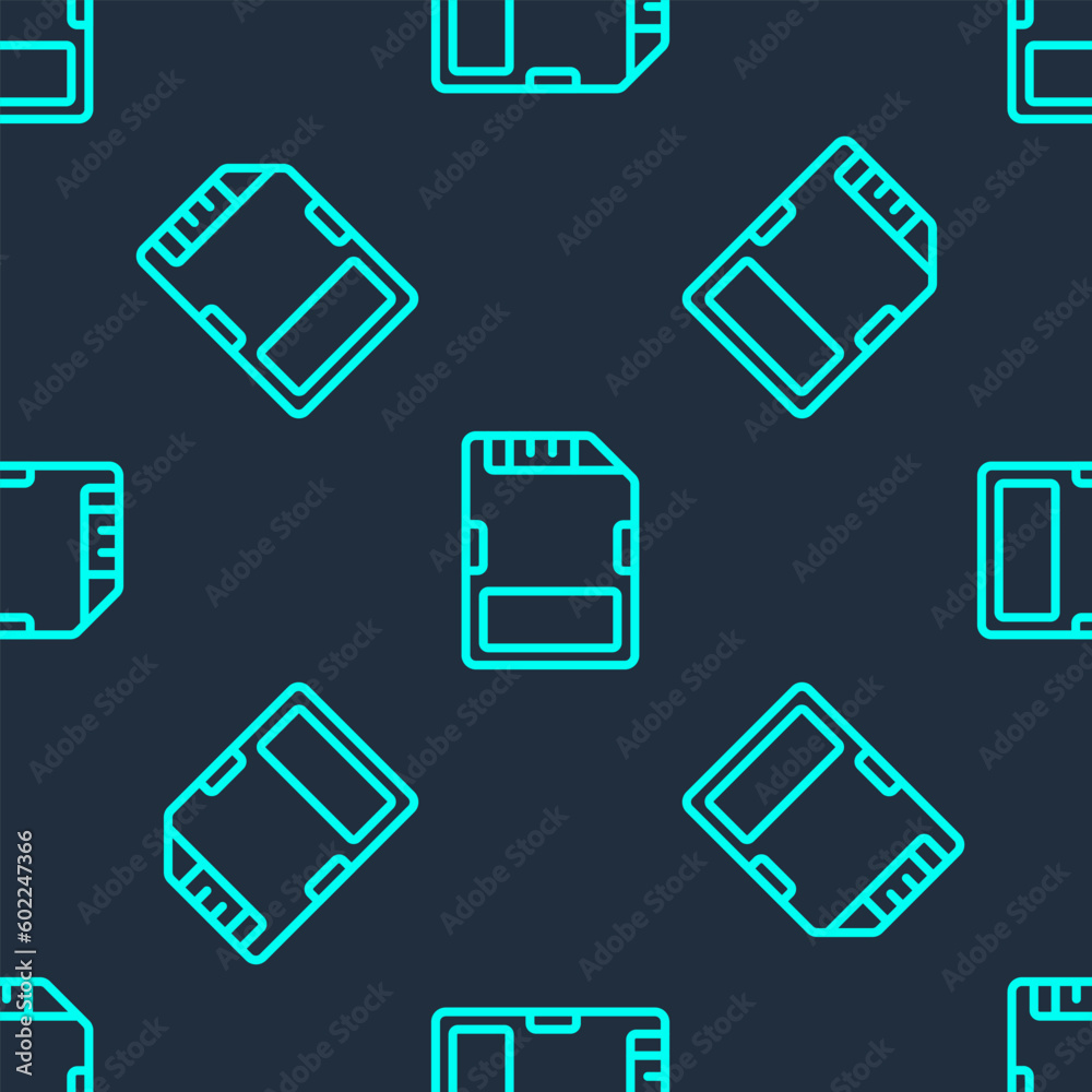 Green line SD card icon isolated seamless pattern on blue background. Memory card. Adapter icon. Vector Green line SD card icon isolated seamless pattern on blue background. Memory card. Adapter icon. Vector
