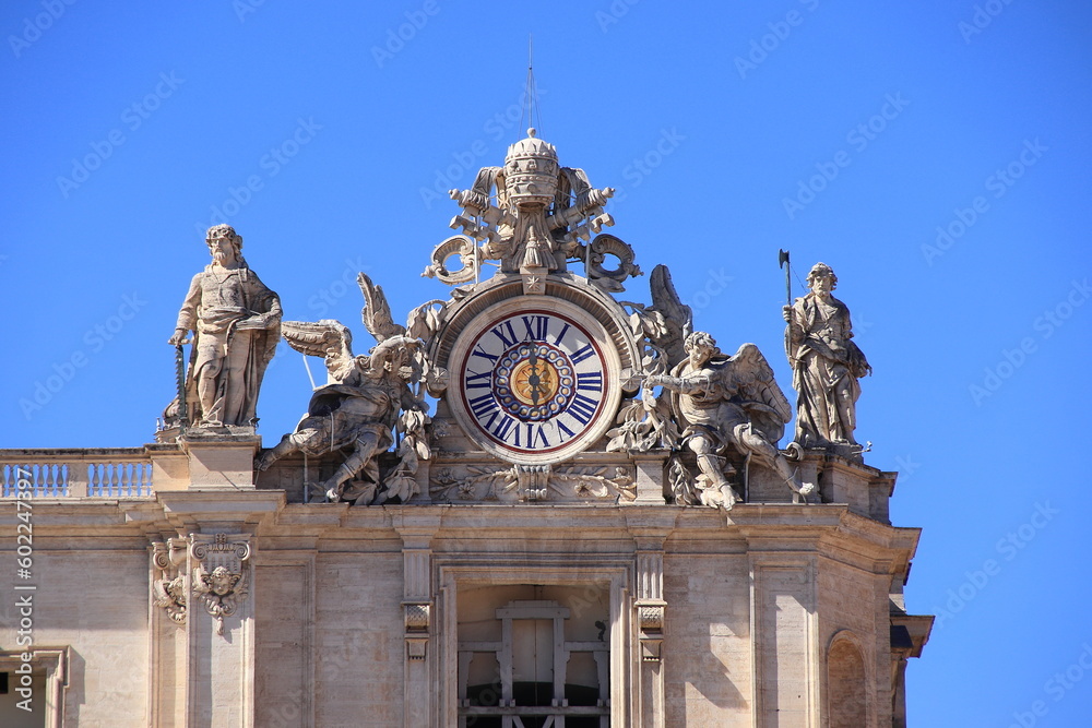 Rome St. Peter's Basilica Exterior Detail with Clock and Sculptures, Italy