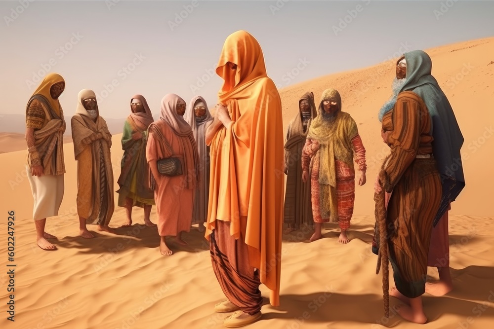 A mysterious animatronic figure facing a group of people wearing desert  clothes in a digital 3D illustration - fantasy art - Generative AI Stock  Illustration
