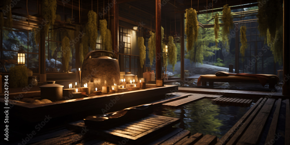 Japanese interior design with lots of candles giving a spiritual touch, fictional interior made with generative ai