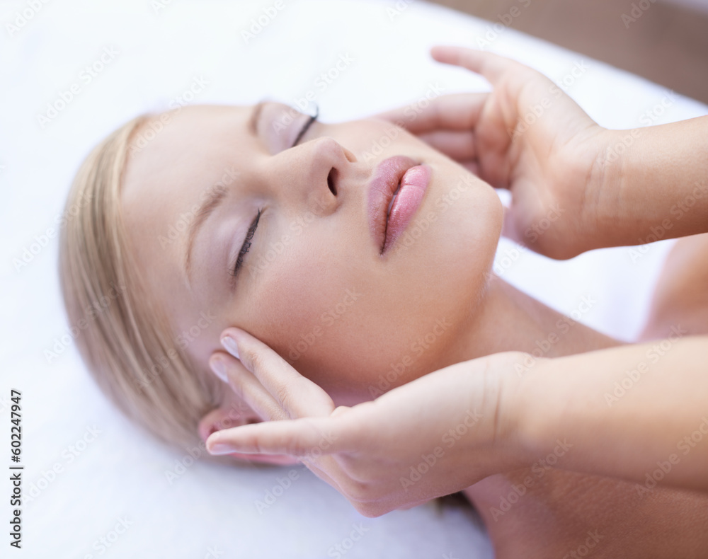 Acupressure, facial massage and woman at spa for health, wellness and healing, luxury skincare treatment. Beauty salon, skin care and girl with hands on face, dermatology and anti ageing therapy.