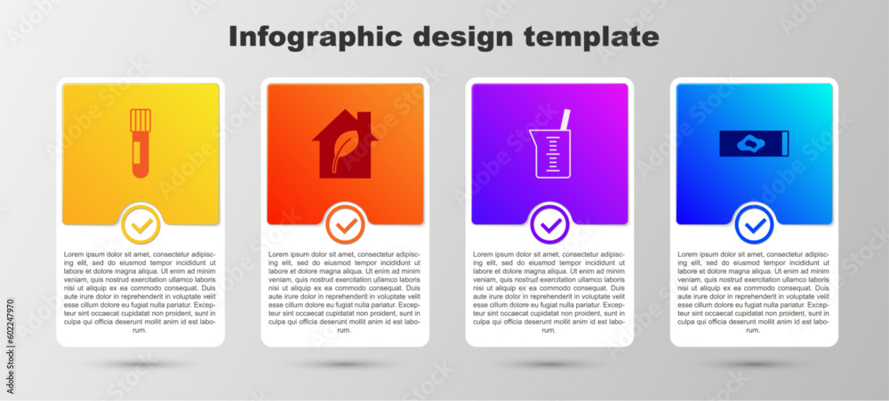 Set Test tube and flask, Eco friendly house, Laboratory glassware or beaker and Blood test virus. Business infographic template. Vector