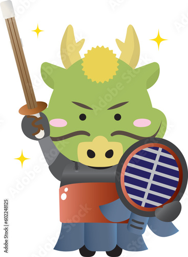 2024年の辰年年賀状に使える剣道防具を身に着けた龍のイラスト