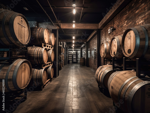 Rows of wooden barrels with aging wine in underground wine cellar. Wine cellars in historic tunels in Podgorica, Montenegro.  photo