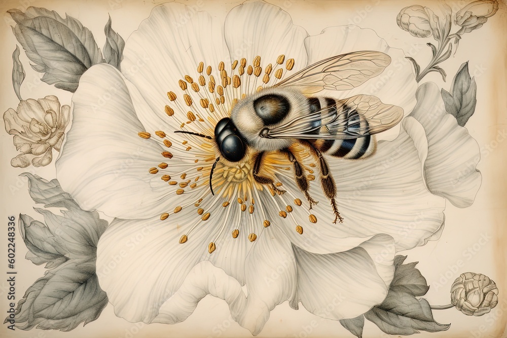Exquisite Watercolor Drawing with Intricate Bee Details by Maria Sibylla Merian, generative AI - obrazy, fototapety, plakaty 