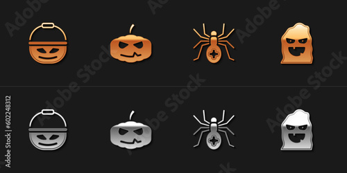 Set Pumpkin basket for sweets, , Spider and Funny and scary ghost mask icon. Vector © Kostiantyn